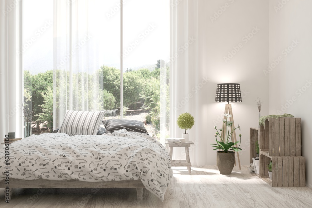 Stylish bedroom in white color with summer landscape in window. Scandinavian interior design. 3D ill