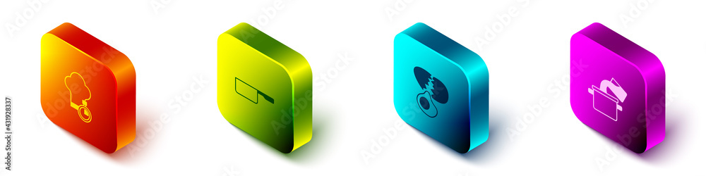 Set Isometric Chef hat, Saucepan, Broken egg and Cooking pot icon. Vector