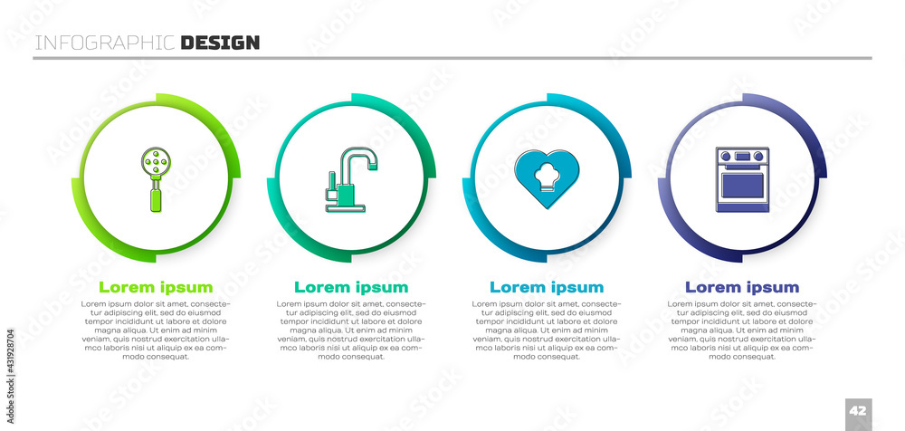 设置抹刀、水龙头、厨师帽和烤箱。商业信息图模板。矢量