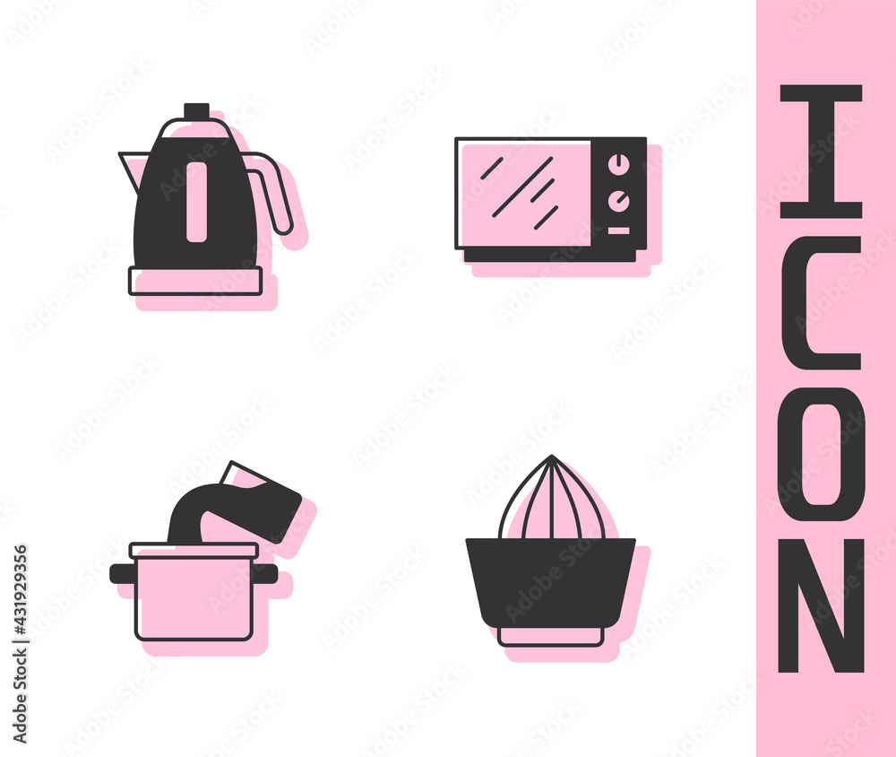 Set Citrus fruit juicer, Electric kettle, Cooking pot and Microwave oven icon. Vector