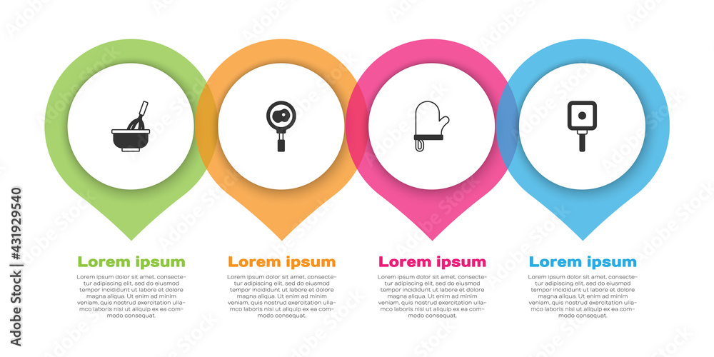 用碗设置厨房搅拌器，在煎锅上煎蛋，烤箱手套和油炸。商业信息图t