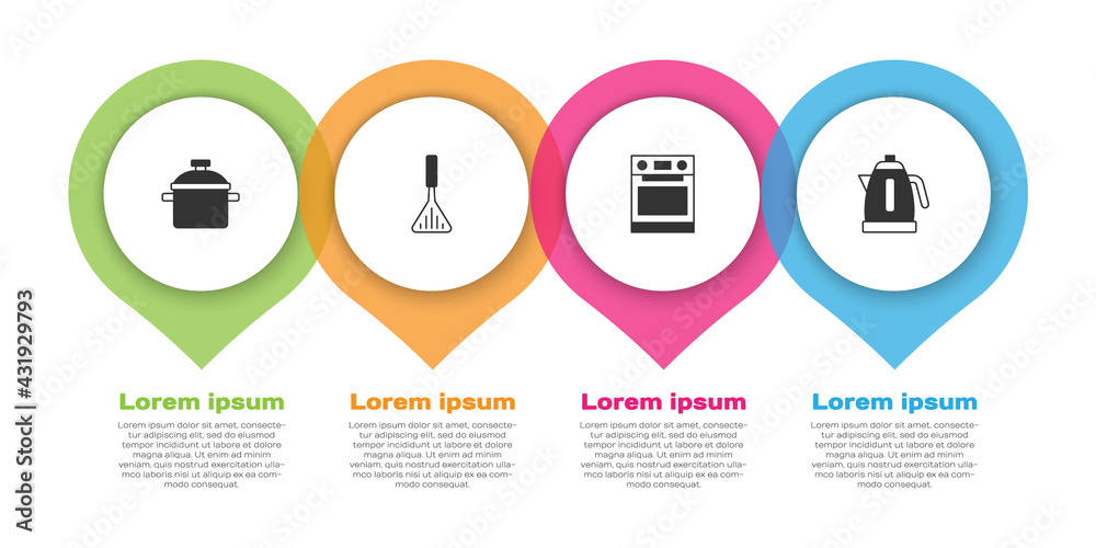 设置烹饪锅、烧烤铲、烤箱和电热水壶。商业信息图模板。矢量