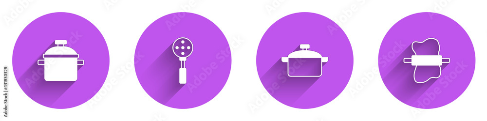 在长阴影的面团图标上设置烹饪锅、抹刀和大头针。矢量