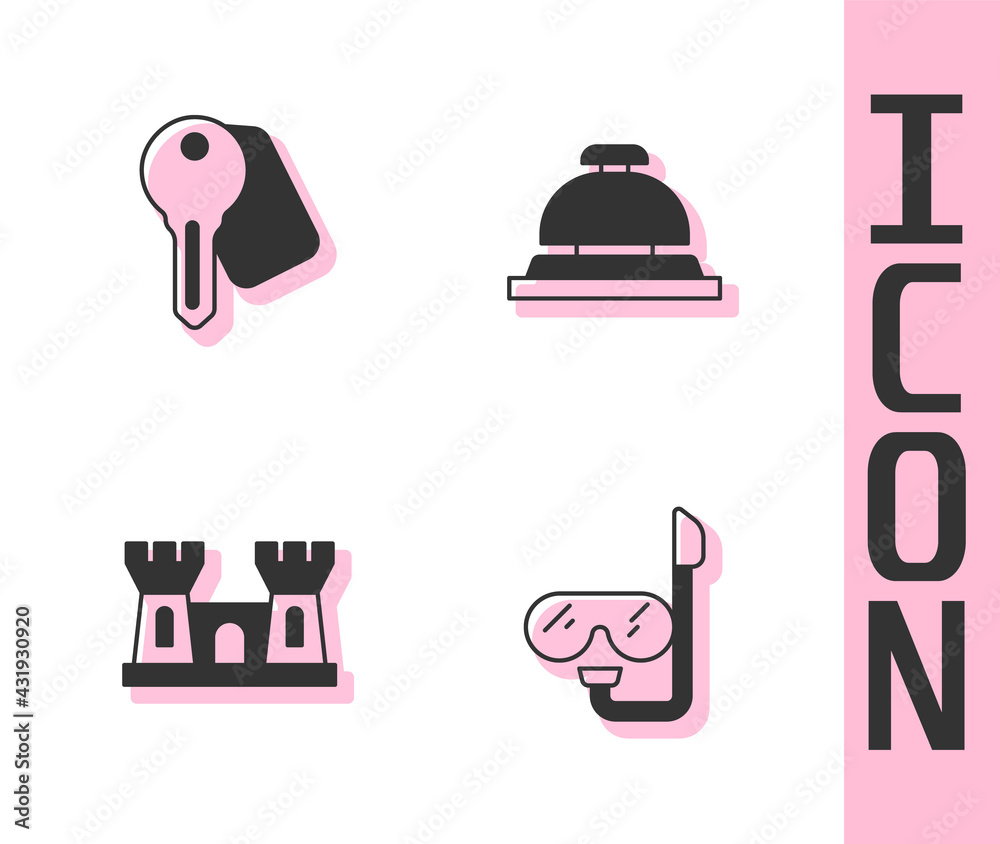 Set Diving mask and snorkel, Hotel door lock key, Sand castle and service bell icon. Vector