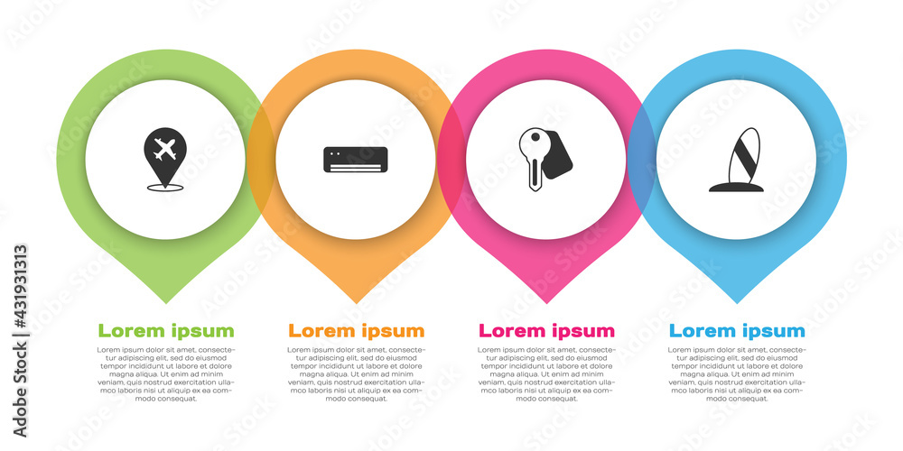 设置飞机、空调、酒店门锁钥匙和冲浪板。商业信息图模板。矢量