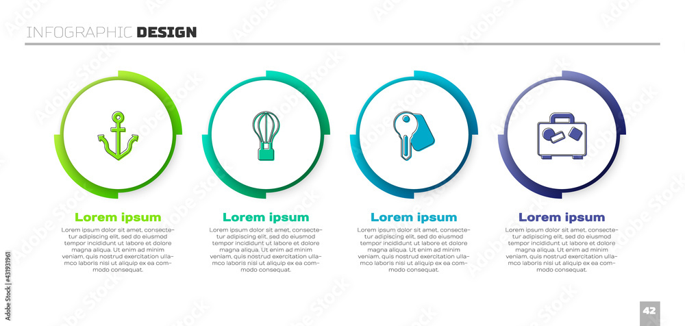 设置锚、热气球、酒店门锁钥匙和手提箱。商业信息图模板。Vector