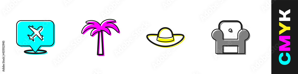 Set Speech bubble with airplane, Tropical palm tree, Elegant women hat and Armchair icon. Vector