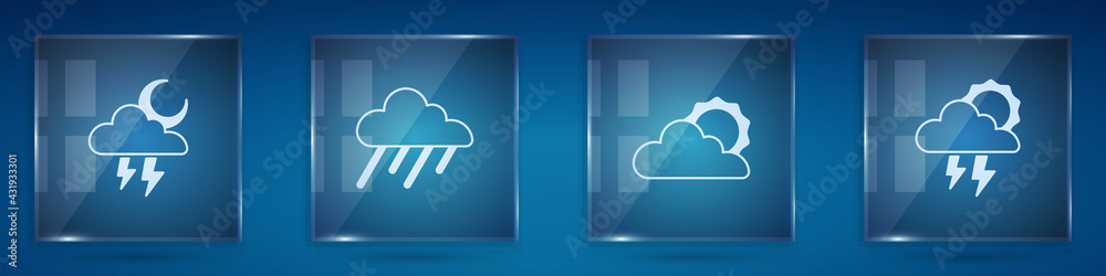 设置风暴、有雨的云层、阳光和云层天气以及正方形玻璃板。矢量