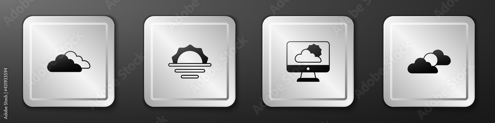 设置云、日出、天气预报和云天气图标。银色方形按钮。矢量