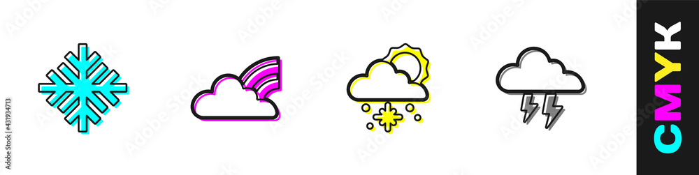 设置雪花、带云的彩虹、云雪和太阳以及风暴图标。矢量