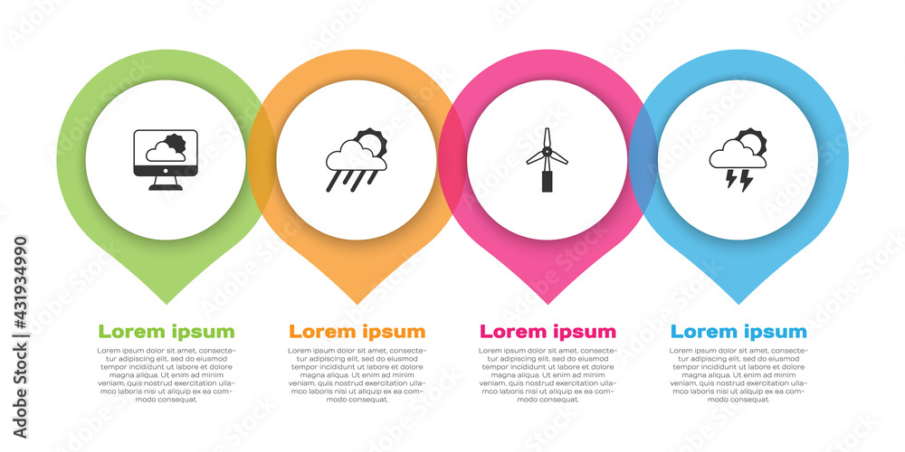 Set Weather forecast, Cloud with rain and sun, Wind turbine and Storm. Business infographic template