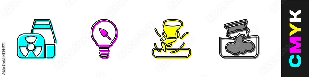 Set Nuclear power plant, Light bulb with leaf, Tornado and Barrel oil leak icon. Vector