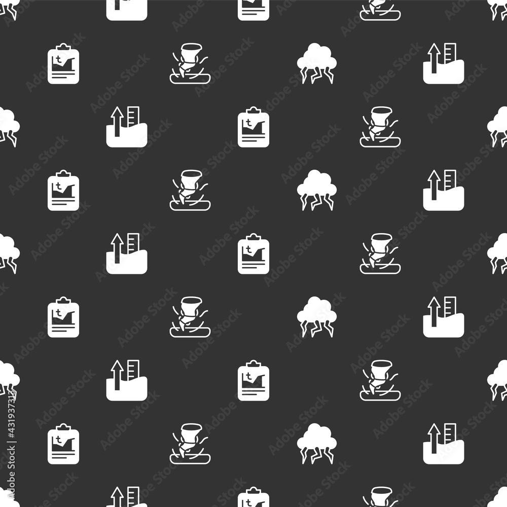 Set Storm, Rise in water level, Global warming and Tornado on seamless pattern. Vector