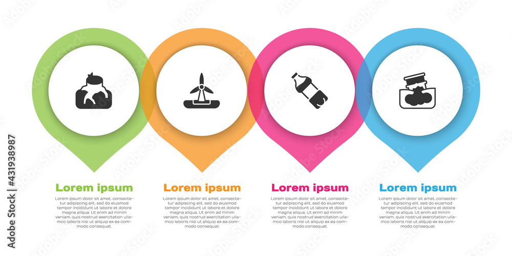 设置森林砍伐、风力涡轮机、瓶装水和桶装油泄漏。商业信息图模板。