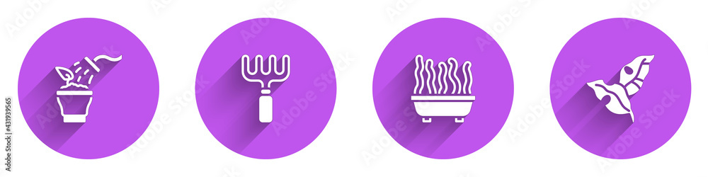 Set Spraying plant, Garden rake, Plant pot and Tropical leaves icon with long shadow. Vector