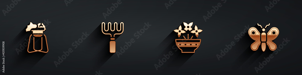 Set Plant on stand, Garden rake, Flower in vase and Butterfly icon with long shadow. Vector