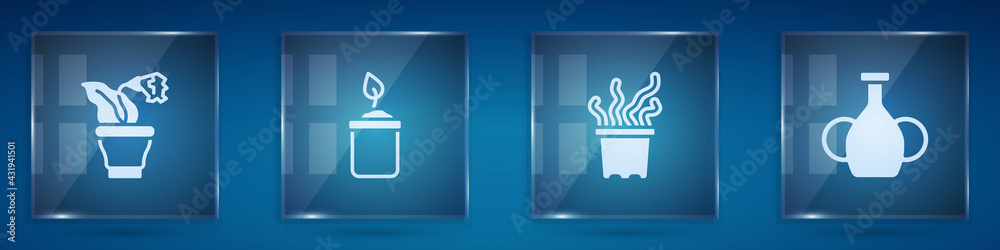 Set Flower in pot, Sprout bottle, Exotic tropical plant and Vase. Square glass panels. Vector