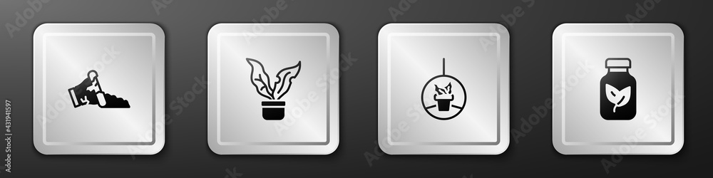 Set Broken pot, Plant in, hanging and Fertilizer bottle icon. Silver square button. Vector