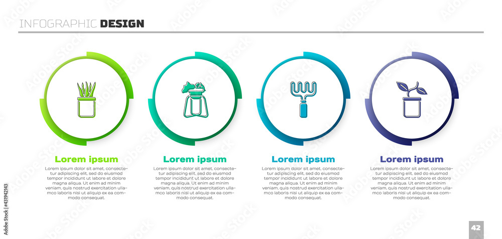 将植物放置在花盆、支架、花园耙子和。商业信息图模板。Vector