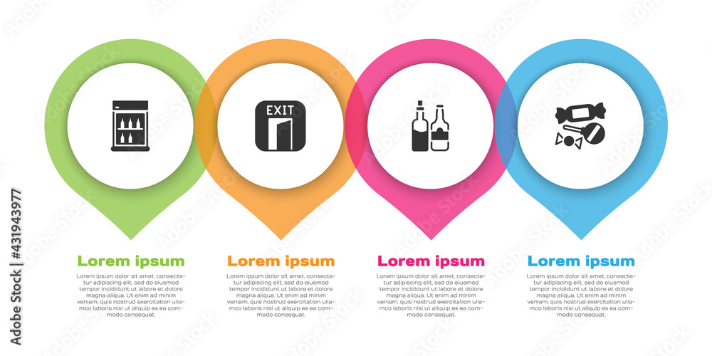 设置商用冰箱、消防出口、威士忌瓶和糖果。商业信息图模板.Vec