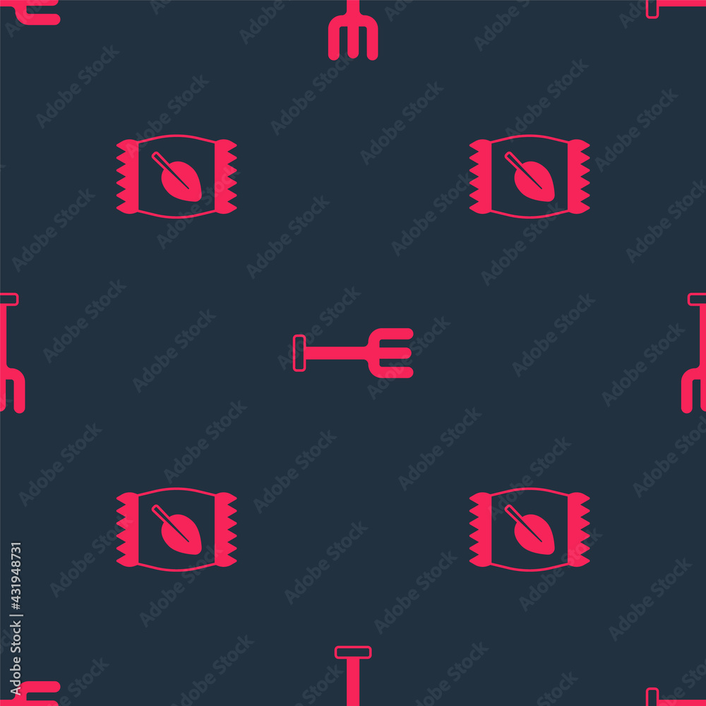 Set Fertilizer bag and Garden rake on seamless pattern. Vector