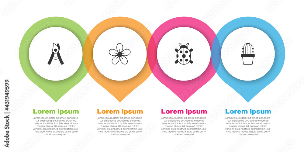 Set Gardening handmade scissors, Flower, Ladybug and Cactus peyote pot. Business infographic templat