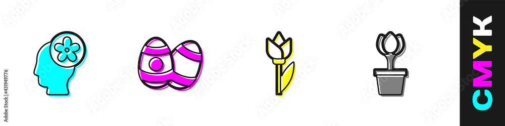 Set Human head with flower inside, Easter egg, Flower tulip and pot icon. Vector