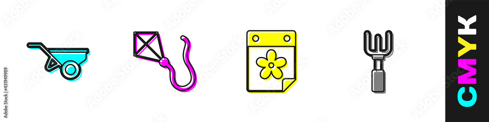 Set Wheelbarrow with dirt, Kite, Calendar flower and Garden rake icon. Vector