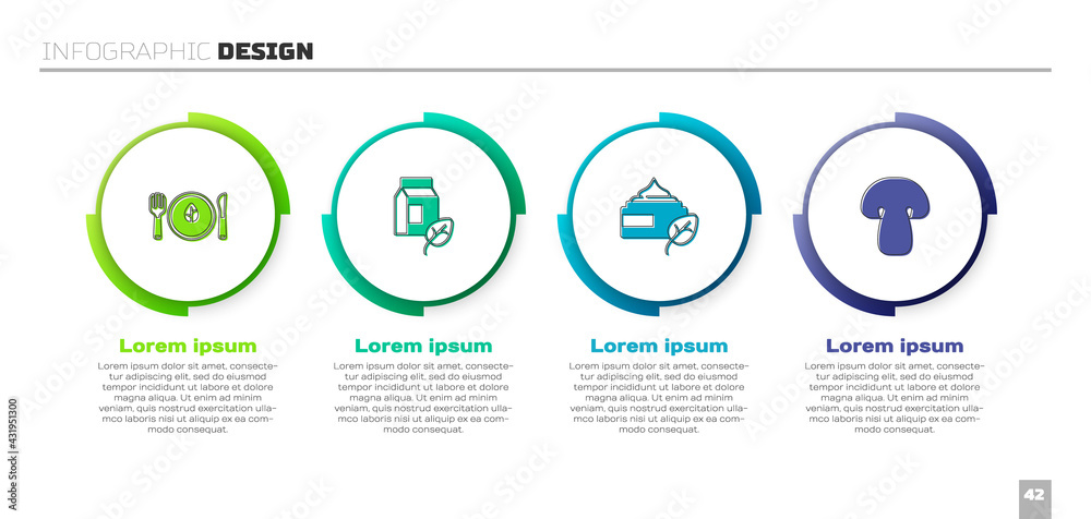 设置素食、牛奶、有机化妆品和蘑菇。商业信息图模板。矢量