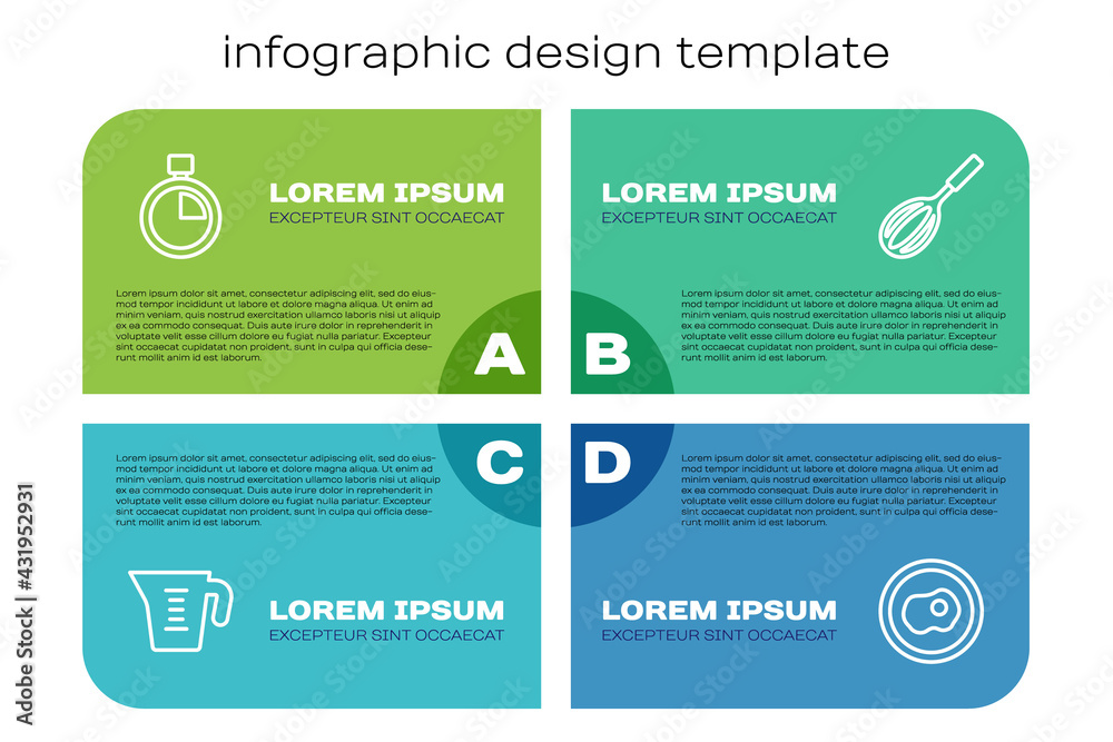 设定线量杯、秒表、炒鸡蛋和厨房搅拌器。商业信息图模板。
