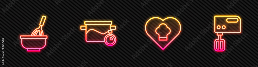 Set line Chef hat, Kitchen whisk with bowl, Cooking pot and Electric mixer. Glowing neon icon. Vecto