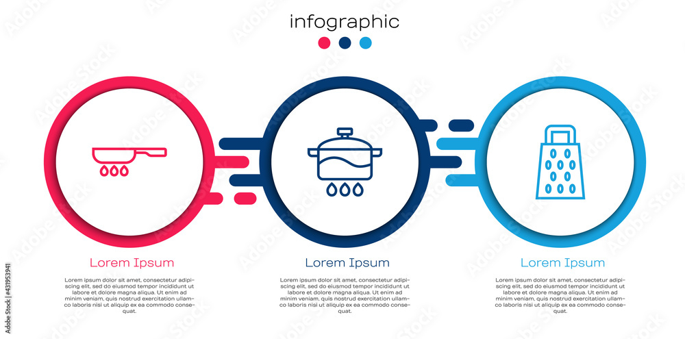 设置线煎锅、烹饪锅和炉排。商业信息图模板。矢量