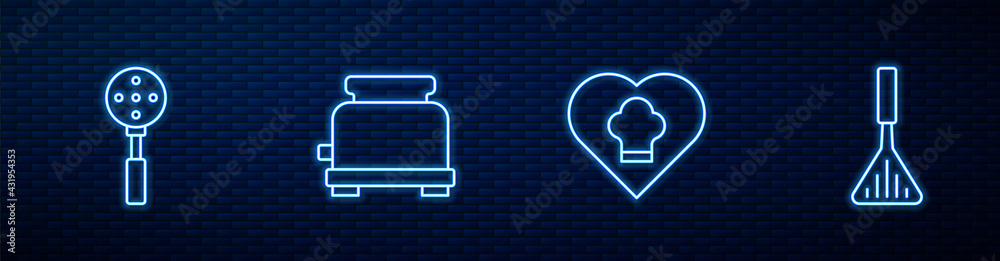 Set line Chef hat, Spatula, Toaster and Barbecue spatula. Glowing neon icon on brick wall. Vector