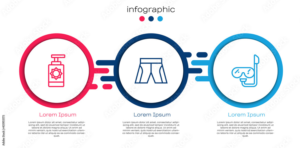 Set line Sunscreen spray bottle, Short or pants and Diving mask and snorkel. Business infographic te