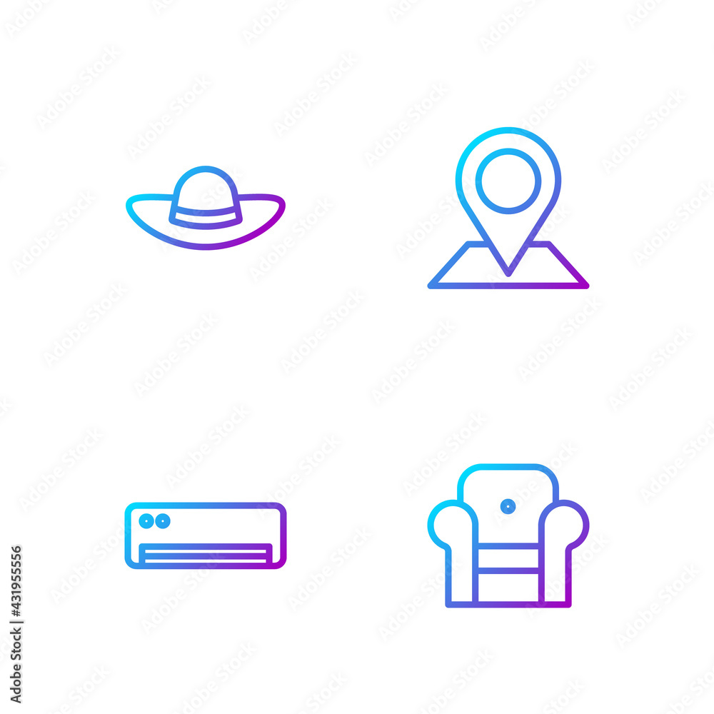 Set line Armchair, Air conditioner, Elegant women hat and Location. Gradient color icons. Vector