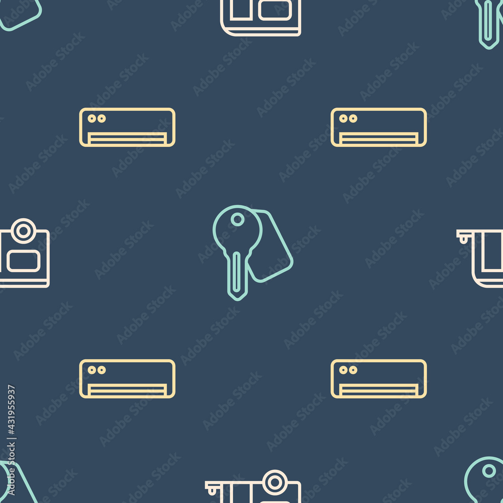 Set line Rv Camping trailer, Air conditioner and Hotel door lock key on seamless pattern. Vector