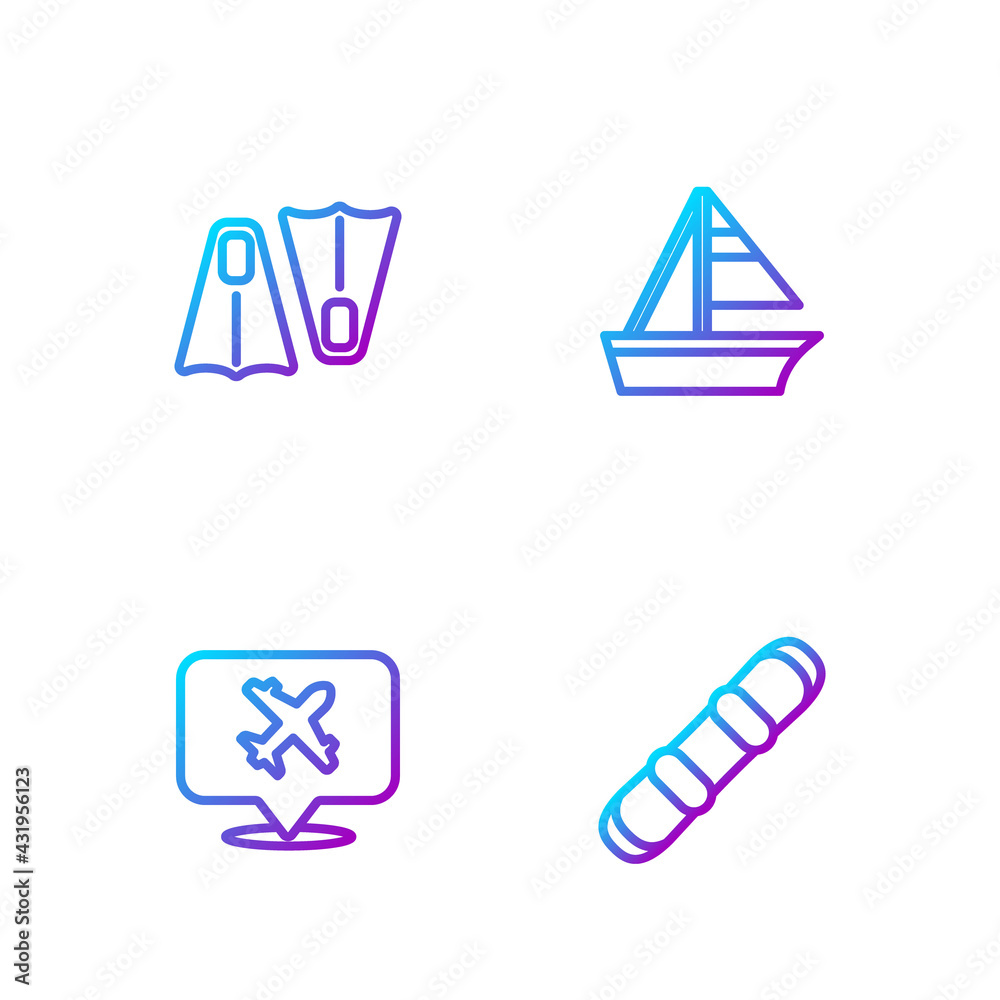 Set line Snowboard, Speech bubble with airplane, Rubber flippers for swimming and Yacht sailboat. Gr