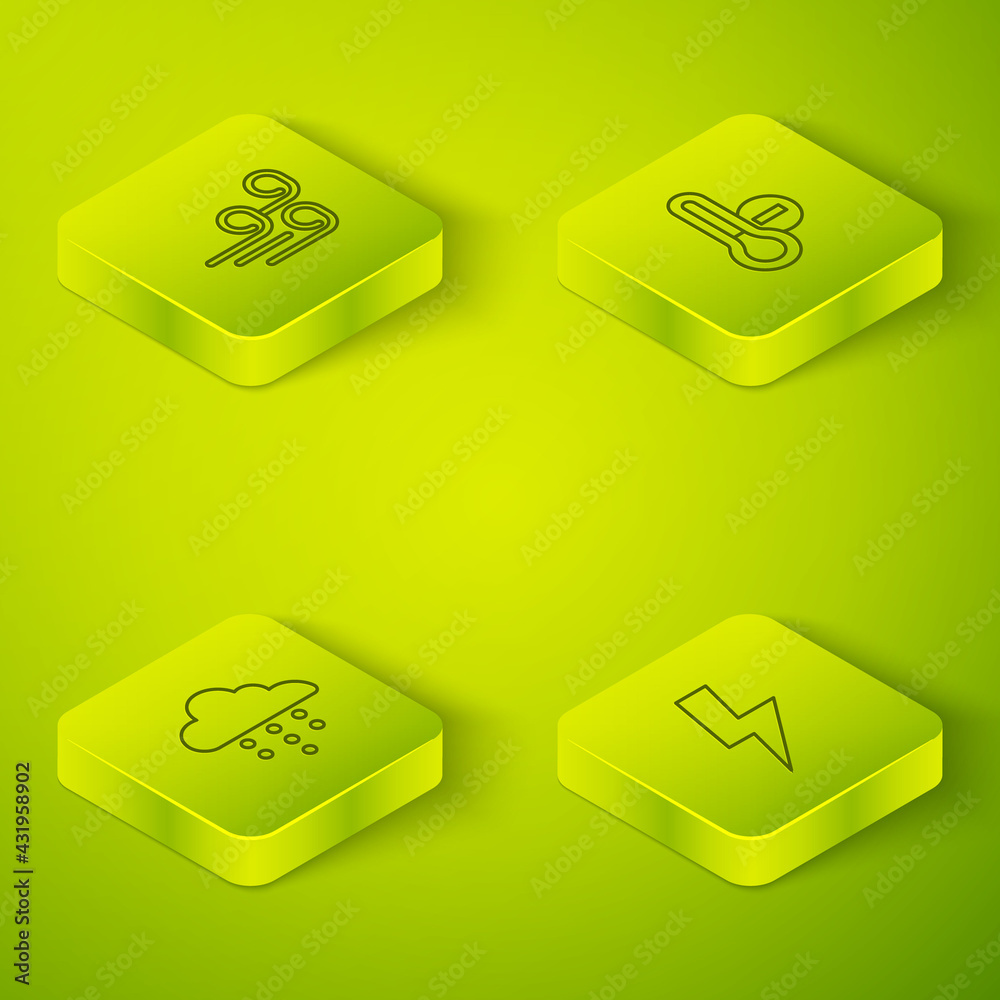 Set Isometric line Meteorology thermometer, Cloud with rain, Lightning bolt and Windy weather icon. 