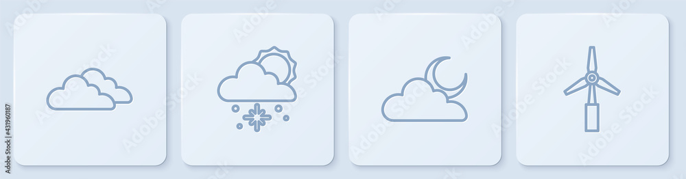 设线云，带月亮、雪、太阳和风力涡轮机。白色方形按钮。矢量