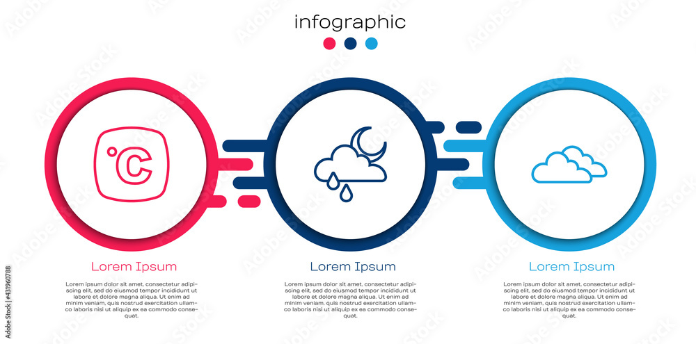 设定摄氏度、有雨有月的云和。商业信息图模板。矢量