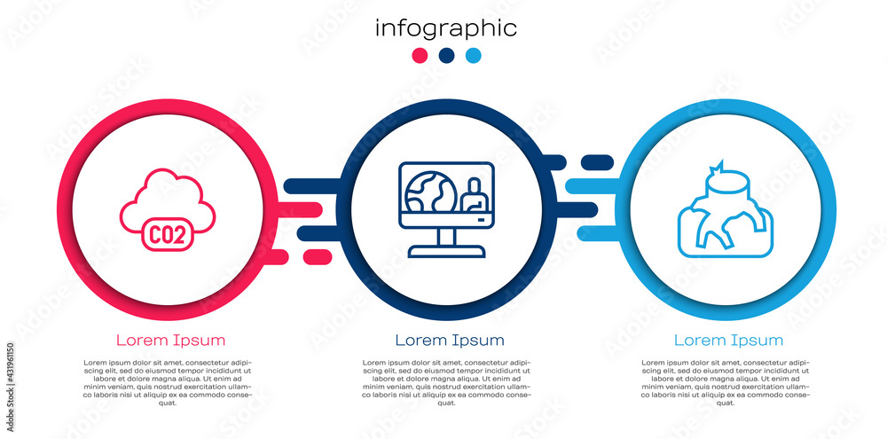 Set line CO2 emissions in cloud, Weather forecast and Deforestation. Business infographic template. 