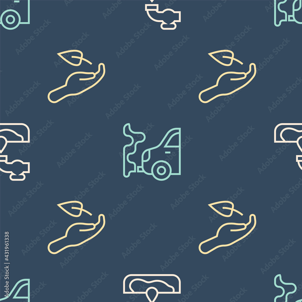 Set line Water problem, Sprout in hand and Car exhaust on seamless pattern. Vector