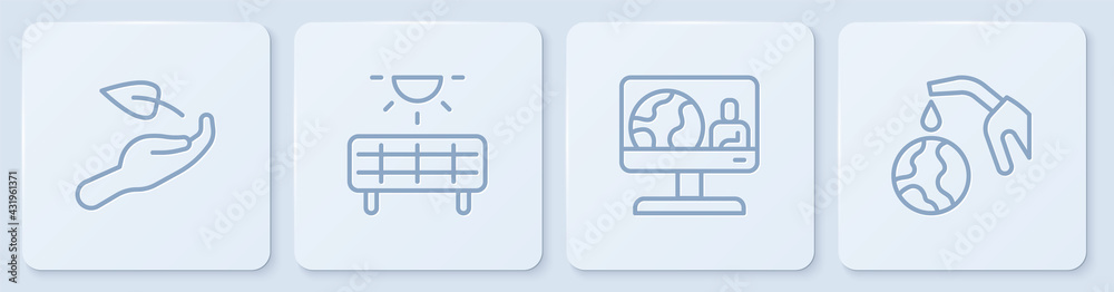 Set line Sprout in hand, Weather forecast, Solar energy panel and Gas pump nozzle globe. White squar