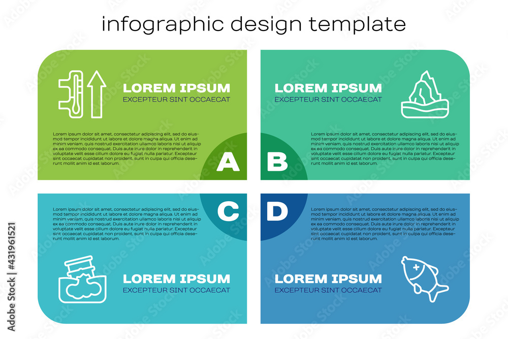 设定线桶漏油、全球变暖、死鱼和冰山。商业信息图模板。Vect