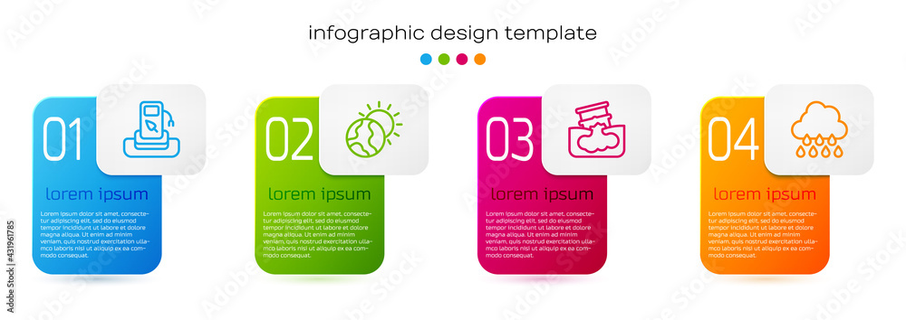 Set line Petrol or gas station, Global warming, Barrel oil leak and Cloud with rain. Business infogr