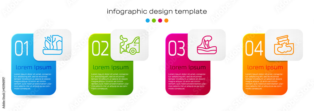 Set line Glacier melting, Car exhaust, Tsunami and Barrel oil leak. Business infographic template. V