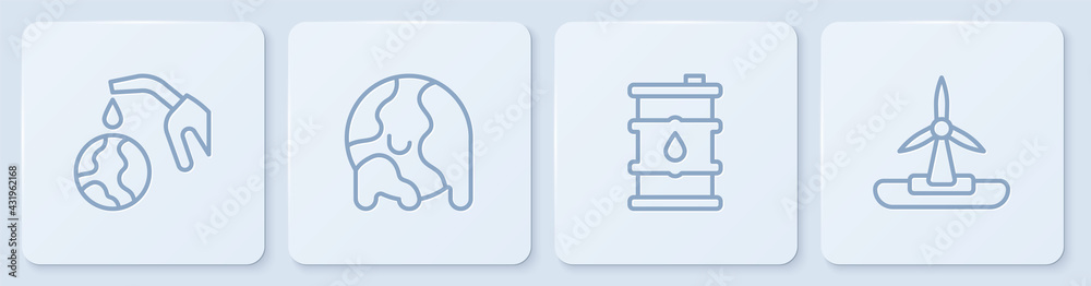 Set line Gas pump nozzle and globe, Barrel oil, Global warming and Wind turbine. White square button