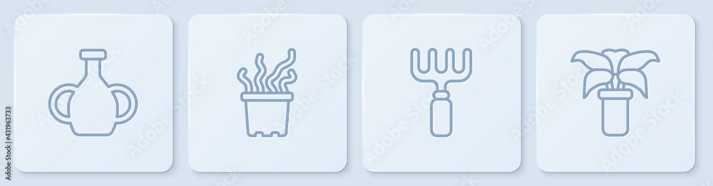 Set line Vase, Garden rake, Exotic tropical plant in pot and . White square button. Vector