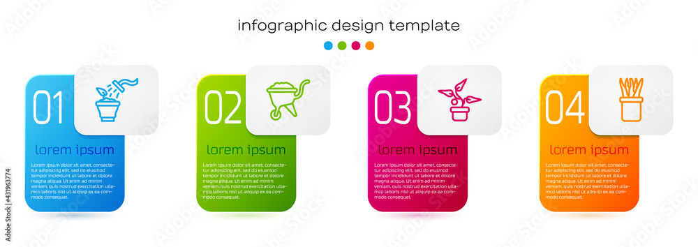 Set line Spraying plant, Wheelbarrow with dirt, Plant pot and . Business infographic template. Vecto