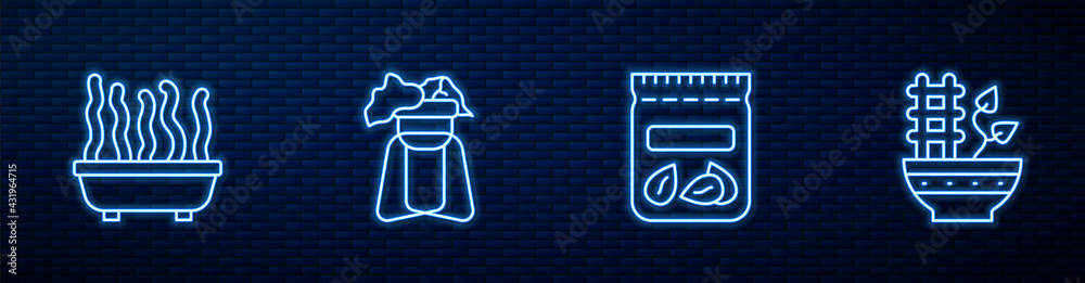 Set line Pack full of seeds of plant, Plant in pot, on stand and . Glowing neon icon on brick wall. 